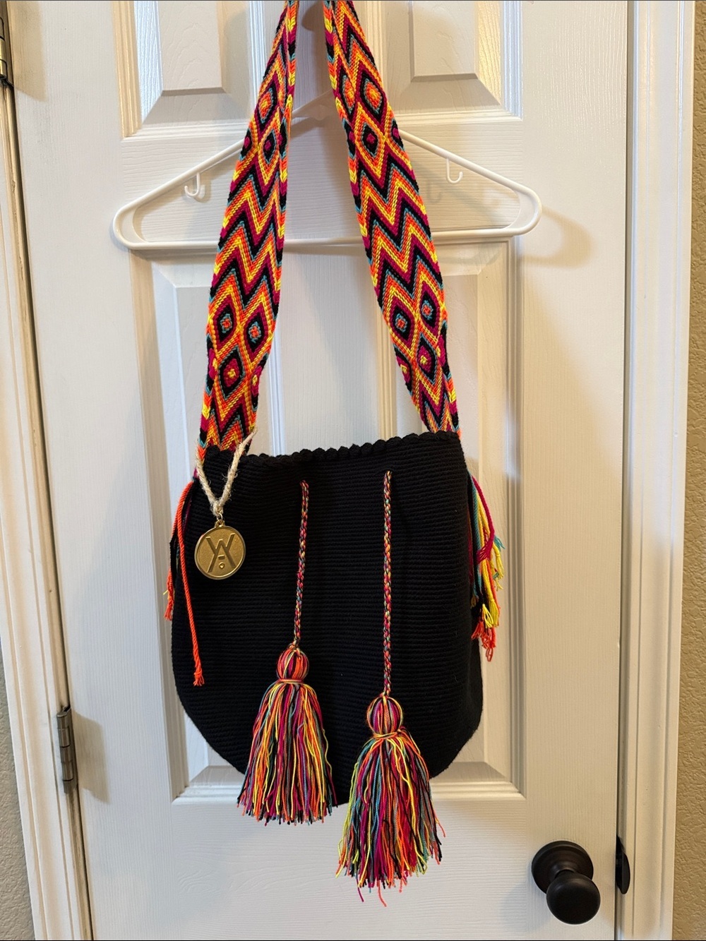 Way Handwoven Black Mochila Bag with Multicolor Strap and Tassels